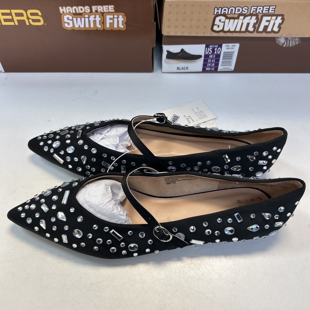 A New Day Gabriella Rhinestone Mary Jane Flats Black Pointed Toe Size 10 20453